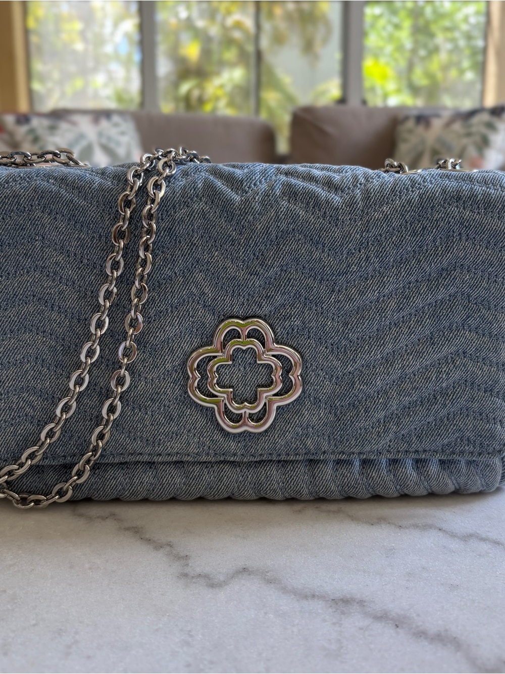Maje Cloverbloom Denim Quilted Chain Shoulder Bag - Blue